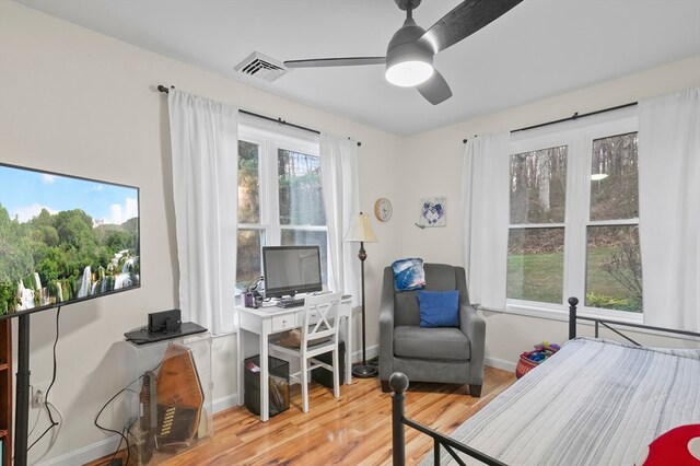 bedroom with ceiling fan and light wood-type flooring