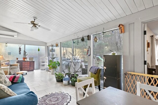 sunroom with a wall mounted air conditioner, ceiling fan, lofted ceiling, and wood ceiling