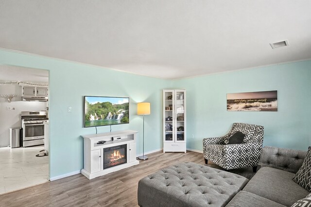 living room with light hardwood / wood-style flooring and crown molding