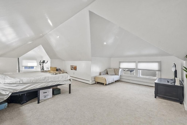 bedroom featuring light carpet and vaulted ceiling