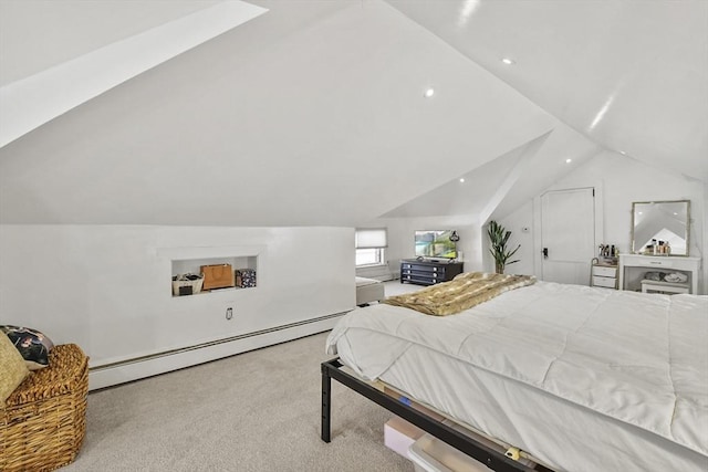 bedroom featuring vaulted ceiling, light carpet, and a baseboard radiator