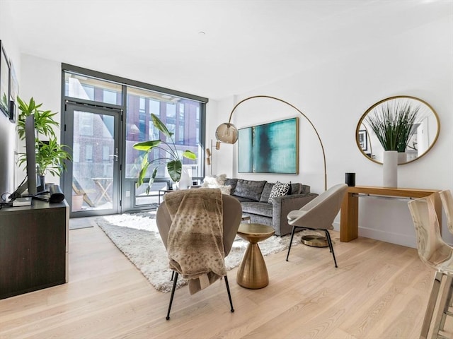 living area featuring light wood-style floors and floor to ceiling windows