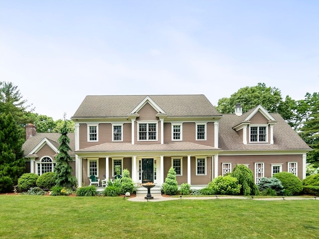 colonial inspired home featuring a porch and a front lawn