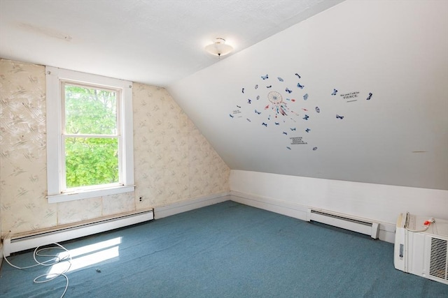 27 Stephen St, Lynn, MA 01902 - additional living space with a baseboard heating unit, wallpapered walls, carpet flooring, and vaulted ceiling
