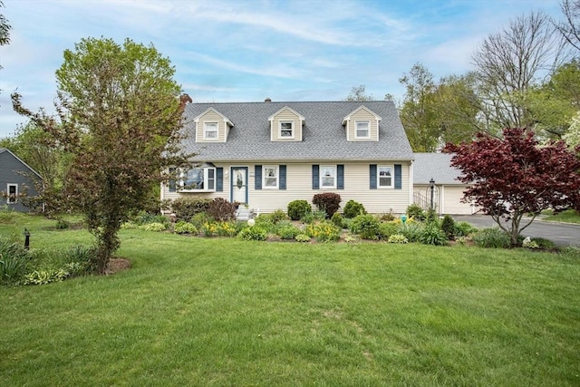 374 Forest St, Raynham, MA 02767 - new england style home featuring a front yard, a garage, and a chimney