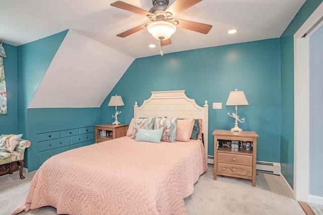 374 Forest St, Raynham, MA 02767 - carpeted bedroom with a baseboard radiator, recessed lighting, vaulted ceiling, baseboards, and baseboard heating