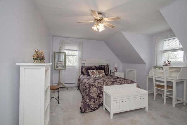 374 Forest St, Raynham, MA 02767 - bedroom with light carpet, multiple windows, lofted ceiling, and ceiling fan