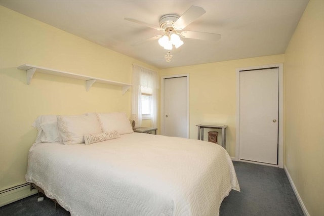 374 Forest St, Raynham, MA 02767 - bedroom with a baseboard radiator, two closets, dark colored carpet, baseboards, and a ceiling fan