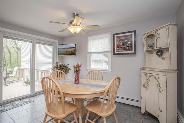 374 Forest St, Raynham, MA 02767 - dining area with light tile patterned flooring, baseboard heating, and ceiling fan