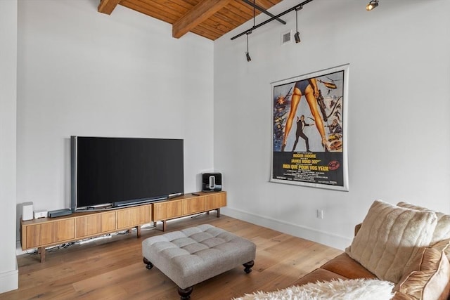 living room featuring beamed ceiling, hardwood / wood-style flooring, and wooden ceiling