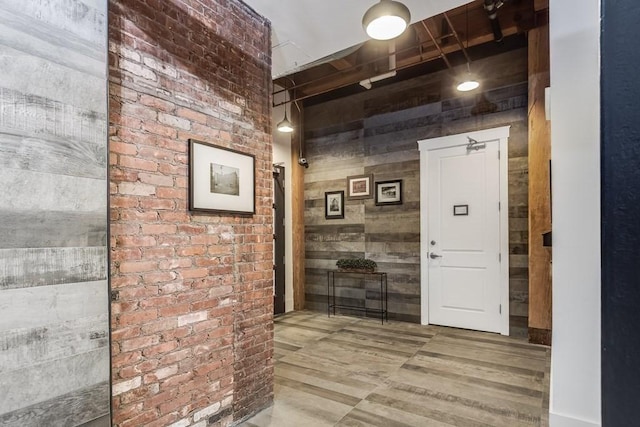 hallway with wooden walls