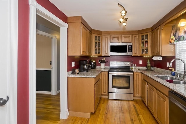 kitchen featuring light stone counters, sink, light hardwood / wood-style flooring, and stainless steel appliances