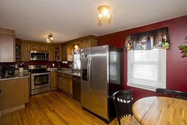 kitchen featuring light hardwood / wood-style floors, stainless steel appliances, light stone countertops, and sink