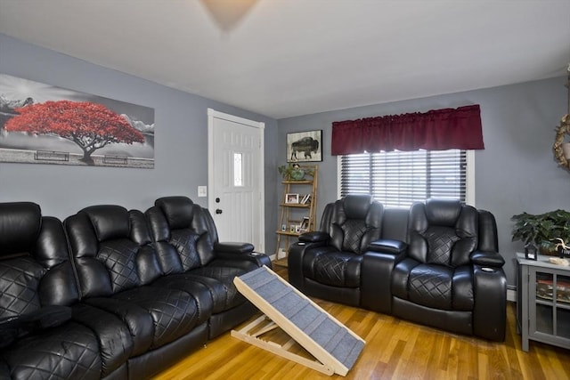 living room featuring hardwood / wood-style floors and baseboard heating