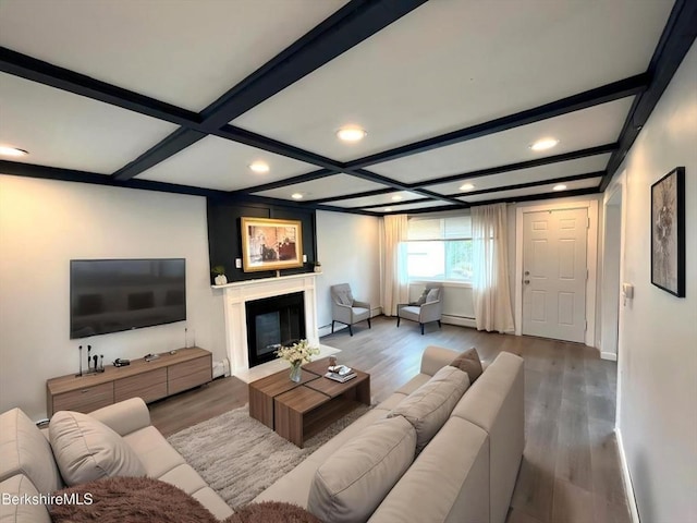 living room with coffered ceiling, a fireplace with flush hearth, wood finished floors, beamed ceiling, and recessed lighting