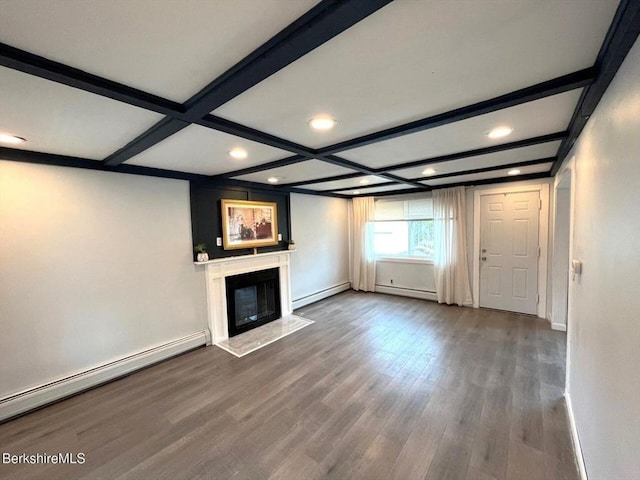 unfurnished living room with wood finished floors, baseboards, beamed ceiling, and baseboard heating