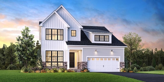 24 Owls Nest Unit 11, Plymouth, MA 02360 - modern farmhouse style home featuring a front lawn, driveway, stone siding, and board and batten siding