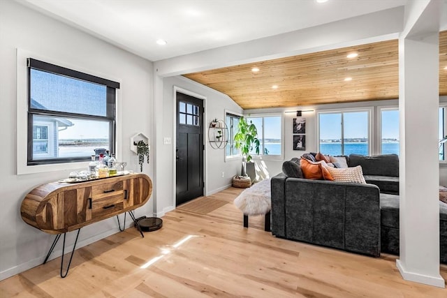 living room with recessed lighting, light wood-style flooring, lofted ceiling, and wooden ceiling