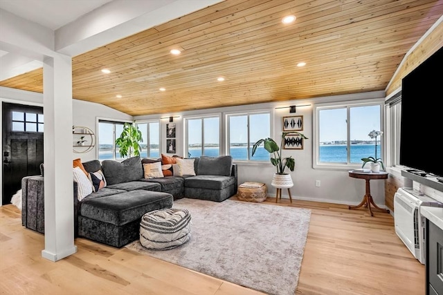 living area featuring lofted ceiling, baseboards, light wood-type flooring, recessed lighting, and wood ceiling