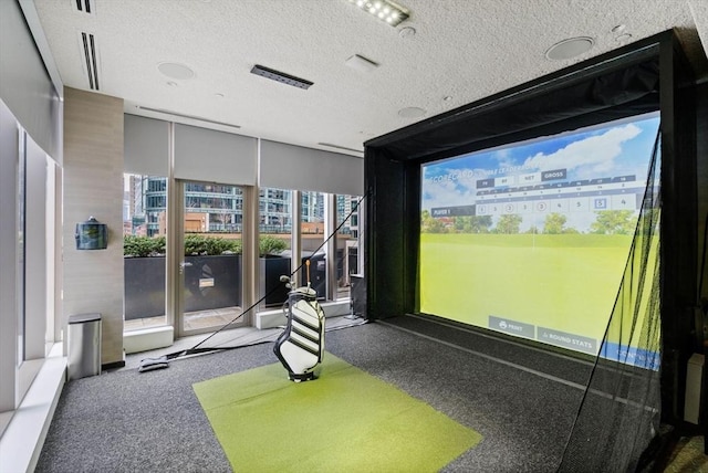 game room featuring carpet, a textured ceiling, and golf simulator