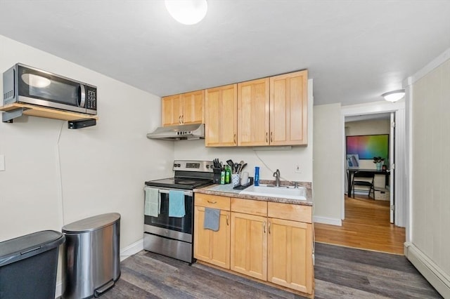 251 Main St, Ashland, MA 01721 - kitchen featuring stainless steel appliances, under cabinet range hood, light brown cabinetry, and dark wood-style flooring