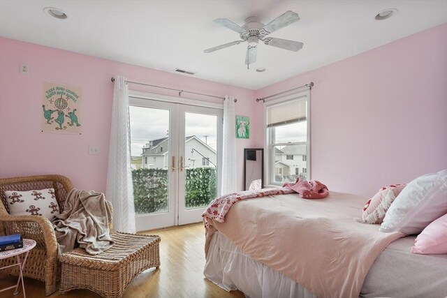 13 11th St W, Salisbury, MA 01952 - bedroom featuring french doors, access to outside, light wood-style flooring, ceiling fan, and recessed lighting