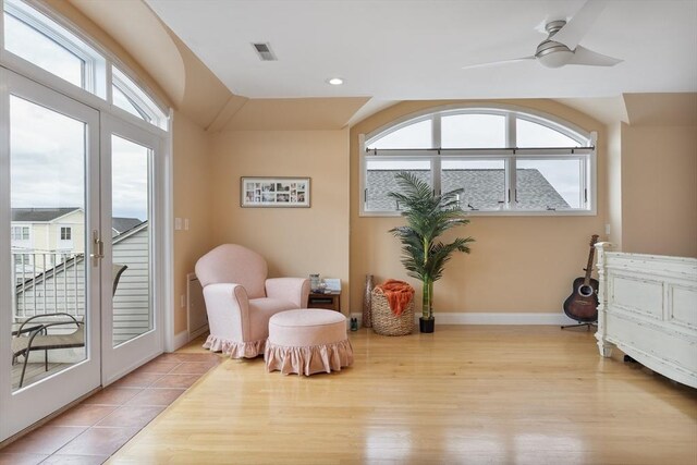 13 11th St W, Salisbury, MA 01952 - sitting room with light wood-style flooring, french doors, baseboards, a ceiling fan, and recessed lighting
