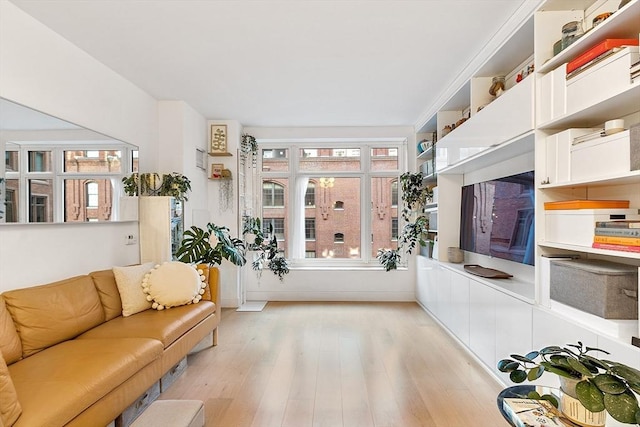 living room featuring a wealth of natural light and light wood finished floors