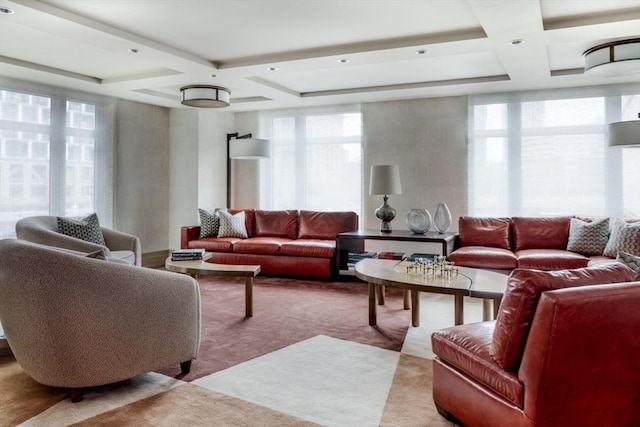 carpeted living room featuring beamed ceiling and coffered ceiling