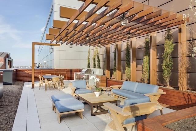 view of patio / terrace with outdoor dining space, an outdoor hangout area, a pergola, and grilling area