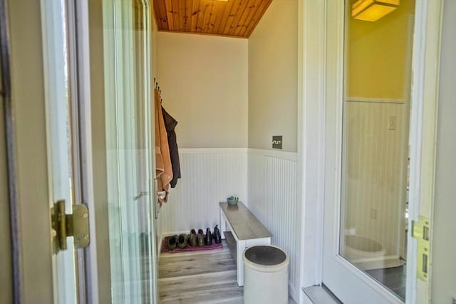 bathroom with wainscoting and wooden ceiling