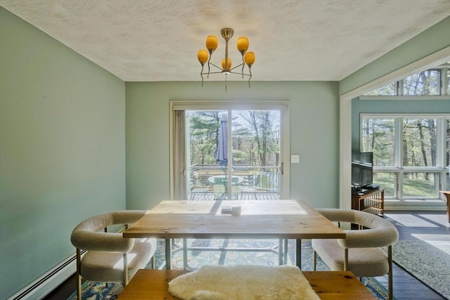 dining space featuring baseboard heating, an inviting chandelier, and wood finished floors