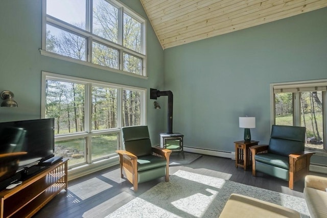 sitting room with a baseboard heating unit, wood finished floors, a wood stove, high vaulted ceiling, and wooden ceiling