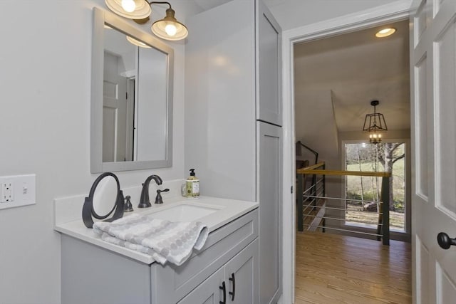bathroom with wood finished floors and vanity