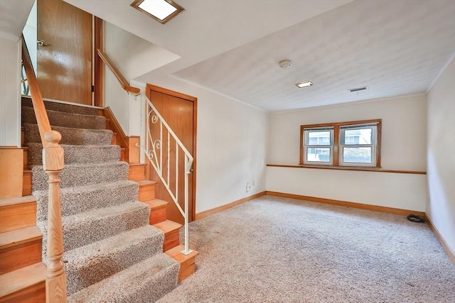 stairs featuring carpet flooring