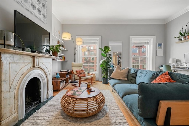 living area featuring wood finished floors and crown molding