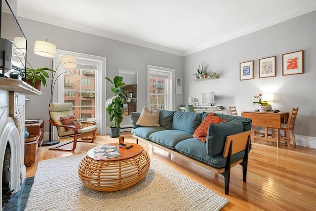living area with crown molding, wood finished floors, a baseboard radiator, and baseboards