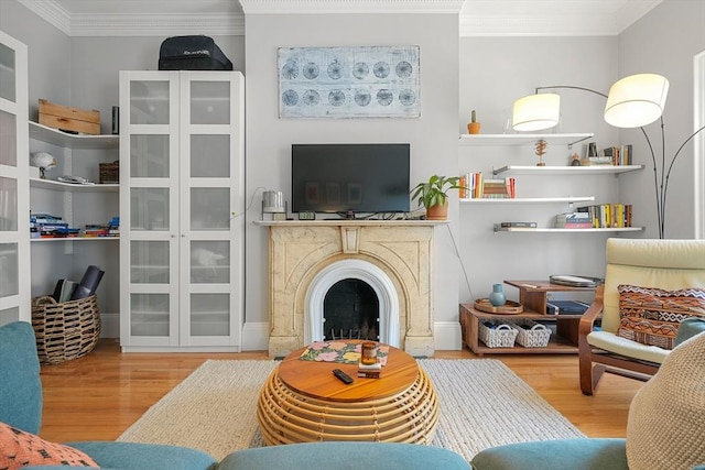 living room featuring wood finished floors, crown molding, and a fireplace