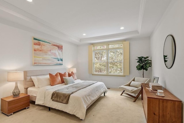 bedroom with crown molding, recessed lighting, a raised ceiling, light colored carpet, and baseboards