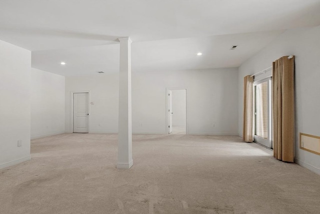 unfurnished room featuring baseboards, recessed lighting, and light colored carpet