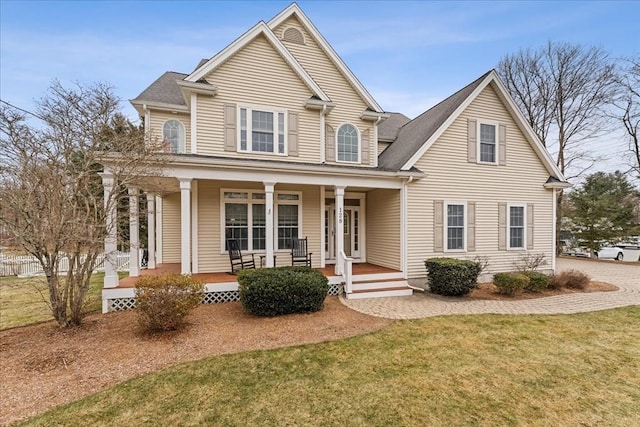 view of front facade featuring a front yard and covered porch