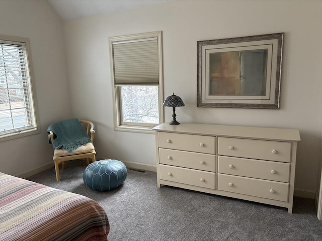 carpeted bedroom featuring lofted ceiling