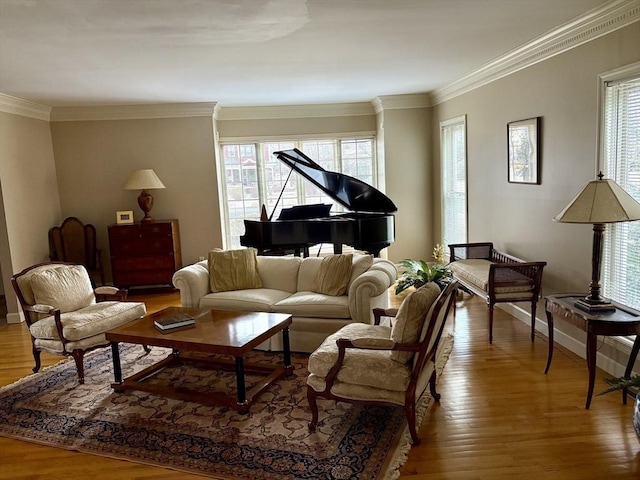 living room with crown molding, plenty of natural light, and light hardwood / wood-style floors