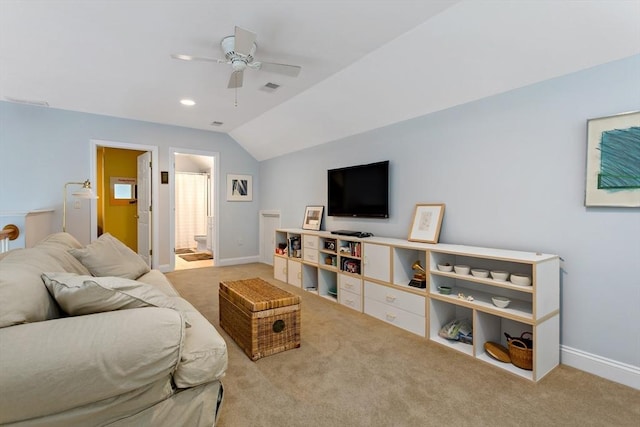 15 Berrywood Ct Unit 15, Bourne, MA 02532 - living room featuring a ceiling fan, visible vents, vaulted ceiling, baseboards, and carpet flooring