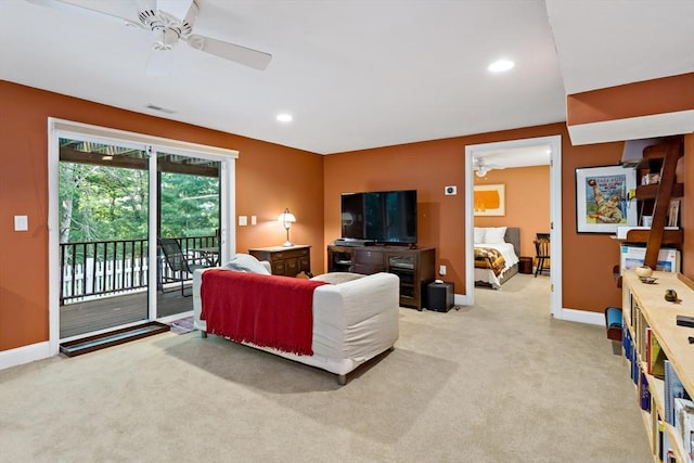 15 Berrywood Ct Unit 15, Bourne, MA 02532 - living room with ceiling fan, light colored carpet, recessed lighting, baseboards, and visible vents