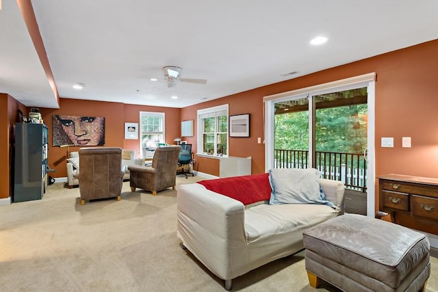 15 Berrywood Ct Unit 15, Bourne, MA 02532 - living area featuring visible vents, baseboards, ceiling fan, recessed lighting, and light colored carpet