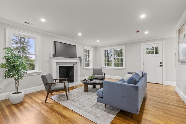 315 Maple Ave, Shrewsbury, MA 01545 - living area featuring crown molding, baseboards, a fireplace, light wood-type flooring, and recessed lighting