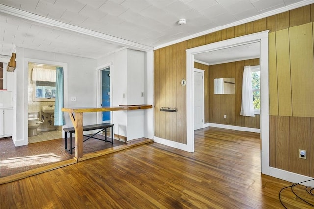 interior space featuring sink, hardwood / wood-style floors, wood walls, and ornamental molding