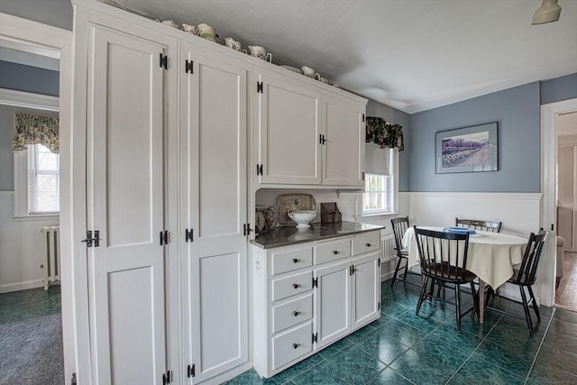 27 Carrlyn Rd, Brockton, MA 02301 - kitchen with a wainscoted wall, white cabinetry, plenty of natural light, and radiator