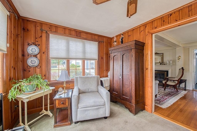 27 Carrlyn Rd, Brockton, MA 02301 - living area with wooden walls, ornamental molding, and a glass covered fireplace